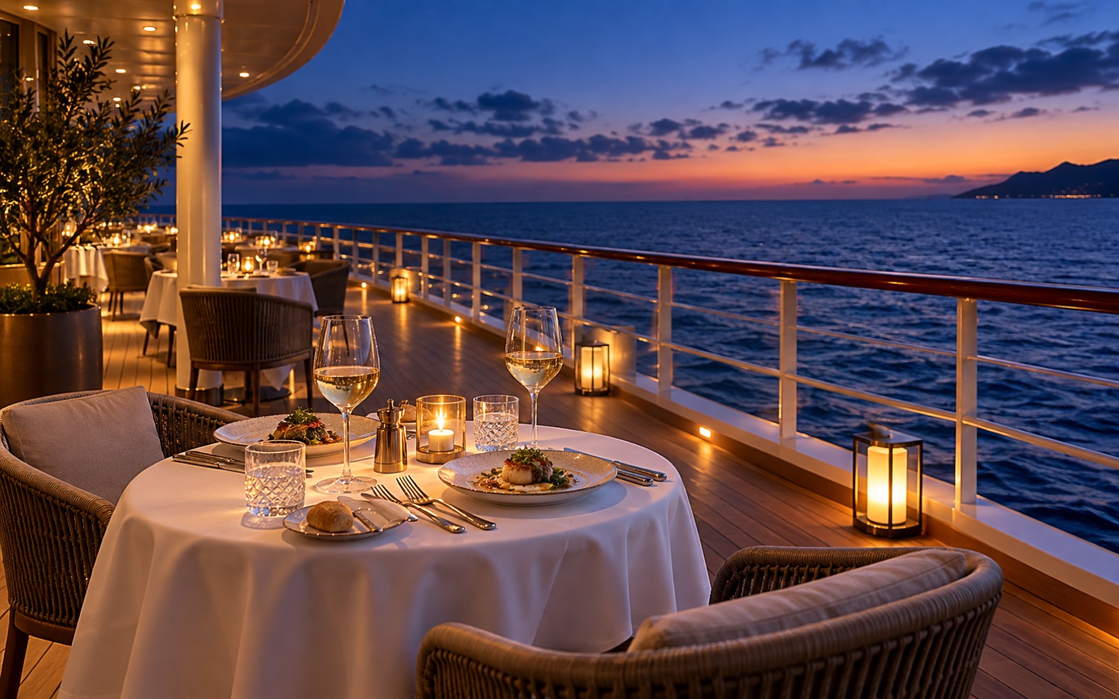 Candlelit dinner table on an open deck overlooking the ocean at twilight