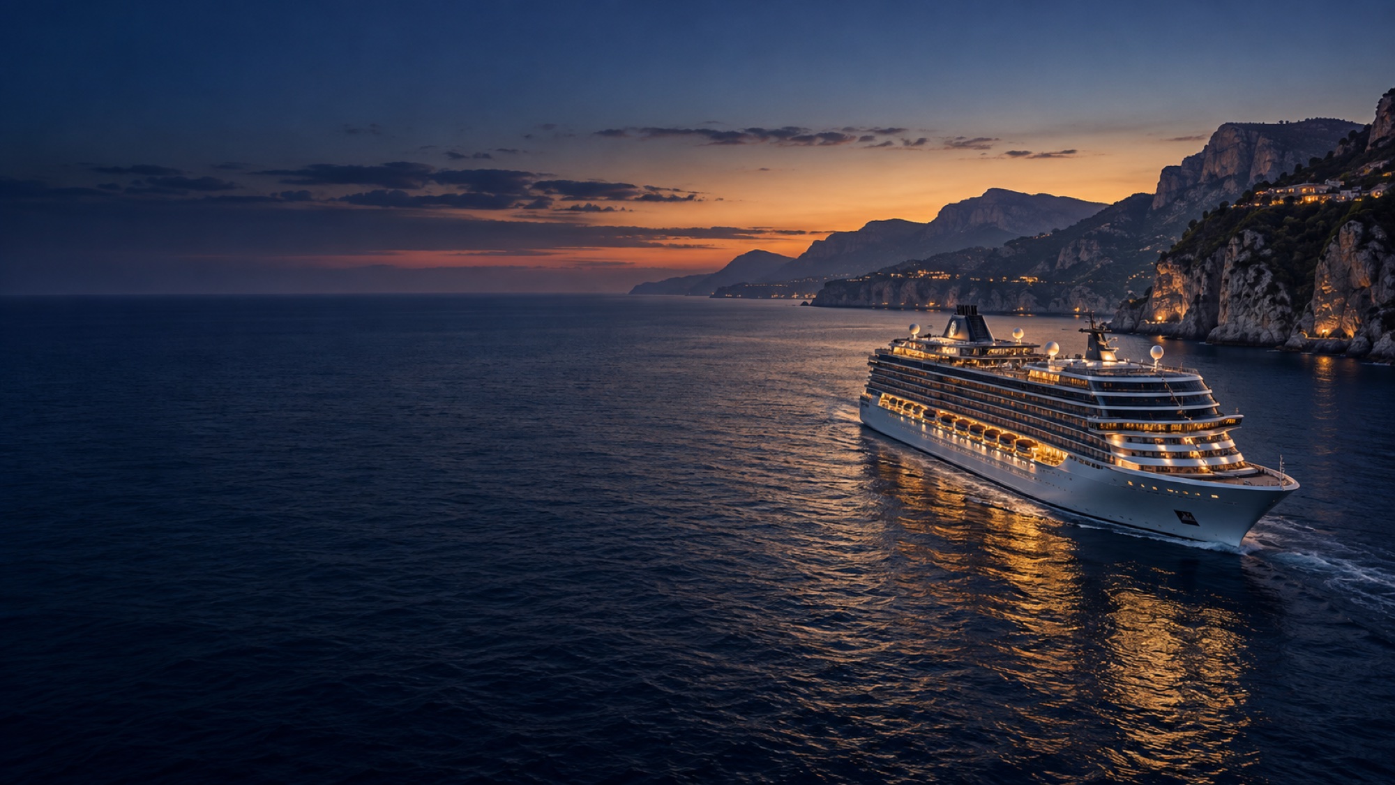 A luxury ocean liner sailing beside a dramatic European coast at blue hour